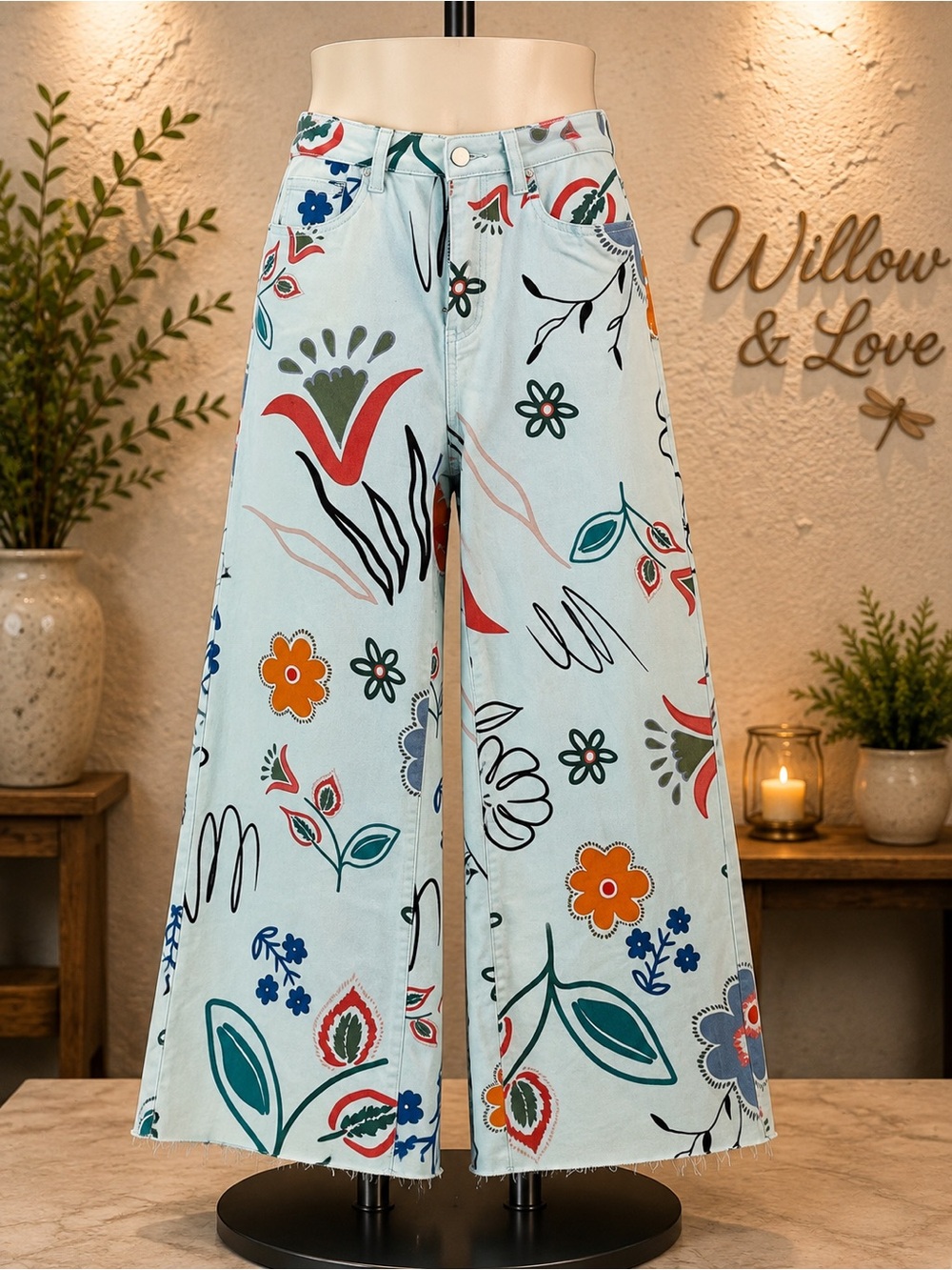 Easel Floral Print Wide Leg Jeans Boho Statement Pants NWOT.